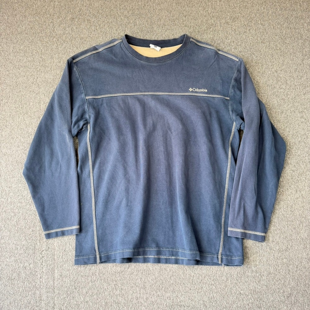 Columbia Mens Long Sleeve Crew Neck Shirt Navy Blue Contrast Stitch Cotton Large